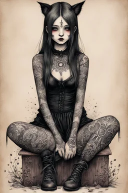 Petit girl goth many tattoos on his body, siting, fullbody, watercolor illustration by <John Kenn Mortensen>, darkred tones,