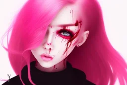 girl angry, beautiful, cute, bloody, pink hair, black sweater