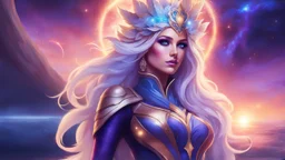 Full body portrait of a peaceful ((smiling)) gorgeous blonde Goddess of the galaxies with a blue indigo purple skin, high skul, luminous eyes in a galactic sunset