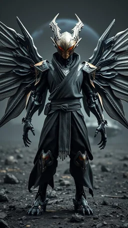 A centering dynamic view action showcasing the fusion of ysigma and Neumorphic elements, depicting a fully fantasy of an alien with wings Its intricate mechanisms are driven by interlocking robes and complex fabrics casual outfit embedded throughout its massive figma frame. Stance on black mechtech battlefields abandone Dojo. And the face is looking straight to the camera , a space ship landed on the ground from a distance in the background