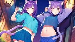 2Girl, purple hair, cat ears, cat tail, blue skirt, open navel, short green shirt, night in town ,with tongue out