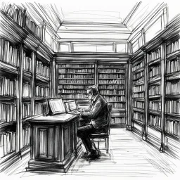 [a pen sketch with a lot of strokes] a man in a library