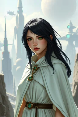 A young woman with black hair green eyes, using greek white style dress, a cape, looks futuristic high towers and spacecrafts