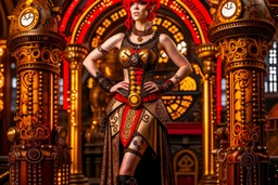 full body shot of a skinny Cleopatra, with a bob red hairstyle, standing in a steampunk setting.