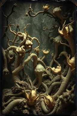 A daguerreotype-style close-up image of a surreal background inspired by Hieronymus Bosch and Max Ernst, featuring twisted organic forms, decaying botanical elements, and strange vegetal growths that seem to pulse with unnatural life. The entire scene is bathed in soft, ambient lighting that creates an otherworldly atmosphere, with areas of deep shadow contrasting against the pale, spectral glow of the figures.