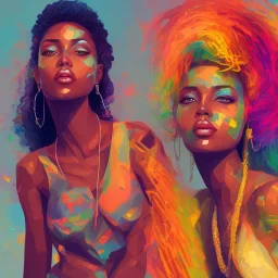 Portrait of beautiful black woman, illustration, bright colors, long hair