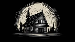 Dibuja un logo de una cabaña de madera con la silueta de un fantasma dentro