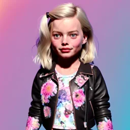 Margot Robbie toddler, full body, leather jacket, floral shirt, floral skirt, shoe, soft skin, dramatic lighting, hyper realistic