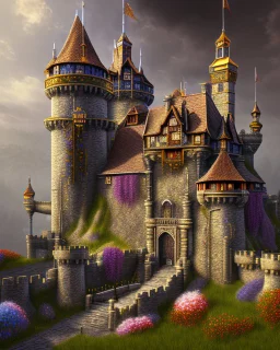 medieval fantasy castle town with flowers rpg art