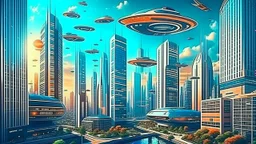 futuristic cityscape with towering buildings and flying cars