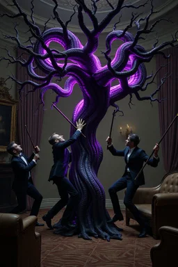 Some well dressed goths climbing and fighting each other with sticks to contain energy from floating chtonian dark gray purplish glowing snakelike tree grabbing them in dramatic scene in luxury parlour in the style of Giger and Escher