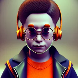 Harry Potter toddler, smile, cyberpunk headphone, sunglass, gangsta neckless, full body, orange puffer jacket, tokio background, dramatic lighting, hyper realistic, unreal engine 5, 16k