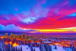 Brilliant sunset at a snow covered icy Waikiki Beach and the city of Honolulu Hawaii covered in winter snow and ice at sunset, alcohol inks, dazzling wet bright colors, winter wonderland