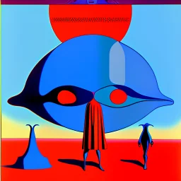 French surrealism animation art from 1970s, illustration of large blue alienoid creatures, mesmerizing, hallucinogenic tones, strange, creepy cutout style of animation of phantamosgoric giant blue alien with red eyes, Czech animation tradition, art by Roland Toper, Dali-esc environment, trance-like, Fantastic Planet aliens