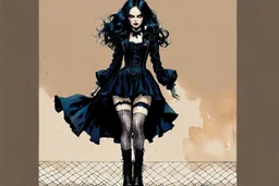 Create and fine print full body illustration of a Goth Girl ball jointed porcelain doll, with finely lined and detailed facial features in a ragged gothic dress, fishnet stockings ,battered combat boots, , in the graphic novel style of Bill Sienkiewicz, and Jean Giraud Moebius, precisely drawn, colored and inked