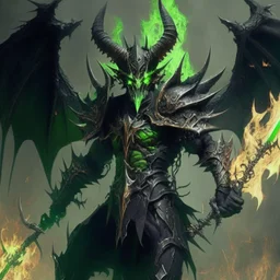 demonio de armadura verde y negra con cuernos con alas negras y con una lanza de fuego