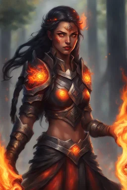 Visualize a commanding female Paladin Druid with bright red eyes effortlessly conjuring flames with her hands. Picture her black, half-braided hair seeming ablaze, surrounded by the glow of magical embers. Clad in lightweight armor, she relies on fire and magic, a scar on her face telling tales of battles on her tanned skin, embodying strength and elemental mastery.