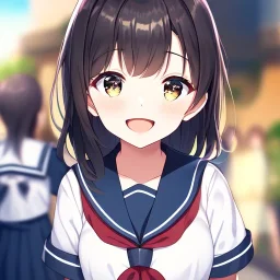 Clear focus,High resolution, Anime girl wearing a sailor uniform at school, laughing, blurry background, classmates in the background