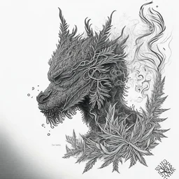 Pencil Sketch a composition where smoke transforms into a mythical creature, intertwining with intricate patterns formed by crushed weed leaves, creating a visually captivating and balanced artwork.