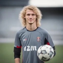 85mm DSLR colour photography of a very detailed headshot fitting all of head and hair in frame. 22year old Germen soccer player, with blonde hair color and no facial hair and has long curly hair with a small smile, grey background