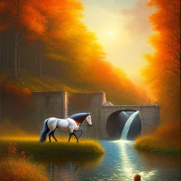  fantasy art, book illustration,portrait of a boy on horse by a dam ,autumn water, colorful, evening