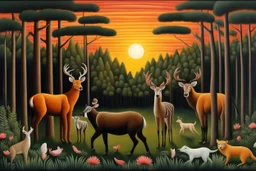 A forest glade with animals at sunset by artist "Henri Rousseau",by artist "Stuart Craig"