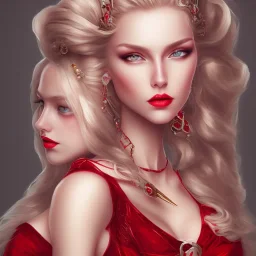 a full portrait of beautiful queen, has pale blonde hair and green eyes, red lips, wearing red dress