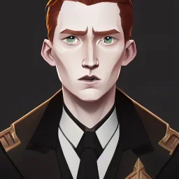 general hux 3/4 view, wearing a black First Order uniform, serious, imposing figure, thick eyebrows, digital art, wearing a black First Order uniform, green eyes, gray background, sepia filter