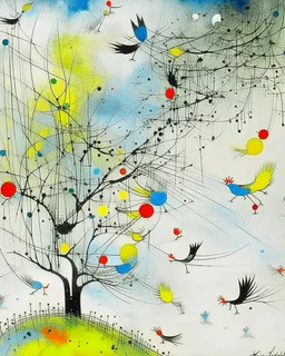White foggy treetops with birds painted by Wassily Kandinsky