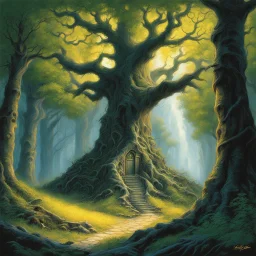 (illustration by Jeff Easley) The trees that were once living and breathing are now nothing more than brittle, jagged structures, their skeletal forms thrusting up like the remnants of some ancient, long-buried city. Their bark is gone, reduced to mineralized plates layered over one another like scales. Above, where leaves once shook in the wind, chandeliers of calcified resin hang like inverted stalactites, dripping slow trails of glowing mineral onto the ground. A sound—distant, unnatural—echo