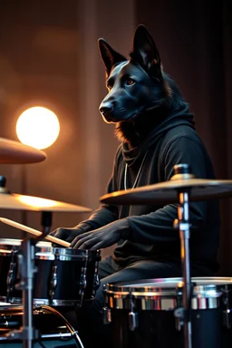 Portrait of a dark german shepherd dark skin male wearing a black clothes with full human body and sitting behind a drums set and playing