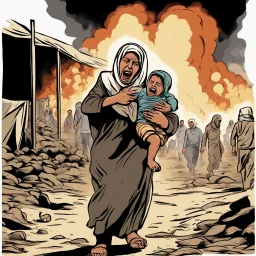 A Palestinian woman wearing the Palestinian dress carries her dead son as she screams and cries at night, with explosions in refugee tents behind her.