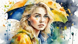 watercolor, old paper, portrait of a blonde woman, fine drawing, rain, wind, flowers, umbrella, autumn, paint blots, splashes, tears, plants, yellow, blue, green, orange colors