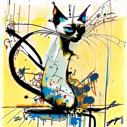 Siamese cat,enigmatic genius of Ralph Steadman. vivid images sprang forth, creating a surreal tapestry of emotions. inked lines danced with chaos and precision, capturing the essence the intensity and rawness of his art, the "Style of Loish" a symphony of colours and lines dancing upon the canvas and every stroke exuded a harmonious balance of elegance and vibrancy.