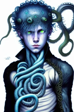 16 year old boy warlock with milky blue eyes, and lamprey tentacle growing out of his belly. in the style of HR Giger