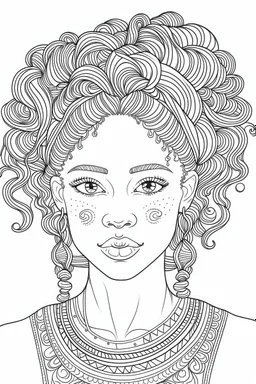 front position african girl face with beautiful hairstyle coloring book cover