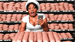 lady with fat sausages for fingers trying to use her iphone next to stacks of cash