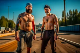 full figure shot photography of two ugly burly beefy hairy polish workers 29 years old, shirtless , tattoo ,short hair, short beard , bulge, short pants, working on a construction site in the middle of a road under the sun, look at the camera, hyper-realistic, photographic, 8K