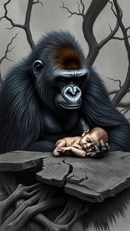 A gorilla in the background of black vein, human veins, mixing together a lot of them, like a forest, big and small veins a lot of them, an army a baby sleeping on an old broken wooden table