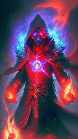 battle mage with red glowing eyes and fiery red aura