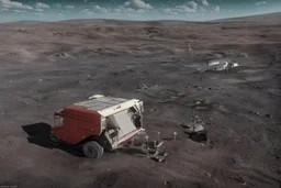 A Tesla 'Semi' (semi truck) is parked, at the lunar landing site of the 'Apollo 11'. (CINEMATIC, WIDE ANGLE LENS, PHOTO REAL)