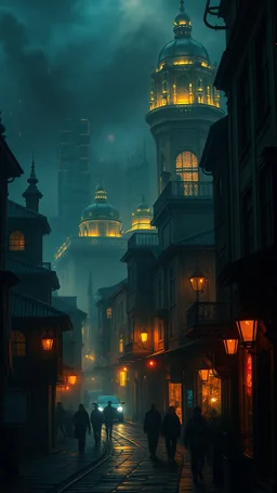 Si-Fi, The city under atmospheric lighting effects, intricate historical moody atmosphere, eerie grimdark ambiance, speculative fiction art. Bokeh