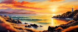 1970s coast, lighthouse, hills in the background, golden sunset, professional photography, colorful, realistic painting