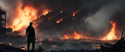a dark night. father and small child stand hand in hand, watching. the look at the broken, burning remains of an enormous arrow-shaped space battleship. it crashlanded in a city. fires, craters and explosions everywhere.