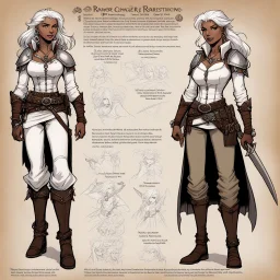 character concept sheet with AD&D statistics and characteristics, [illustration by Kevin Eastman and Peter Laird] a ranger: her leather bracelets and corset, like a second skin of dark magic Her pale skin and white hair shimmered like moonlight. Clad in a white tunic, brown pants, and a leather belt with mysterious pouches, she stands, her silver dagger in hand.