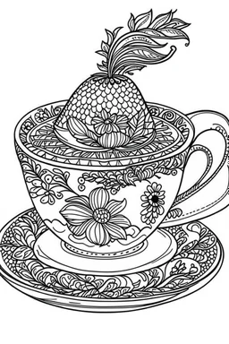 Outline art for coloring page, 1960'S STYLE EMPTY ENGLISH TEACUP, coloring page, white background, Sketch style, only use outline, clean line art, white background, no shadows, no shading, no color, clear