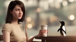 young woman talk to a penguin in coffee-shop