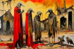 ong-legged surreal lean black-grey figures with beak-shaped heads in overcoat, profile, semi-silhouettes among ramshackle ruins in a barren landscape of red, yellow, black and beige colors, intricate acrylic painting