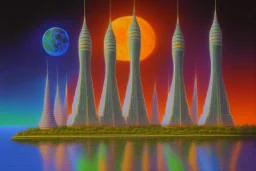 Imoressionist painting of one mile tall plastic moon city Towers made out of stacked Rubik's Cubes, Orange, white, blue, green. Jewel tones