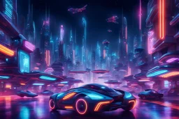 A futuristic cityscape at night with neon lights and flying cars.